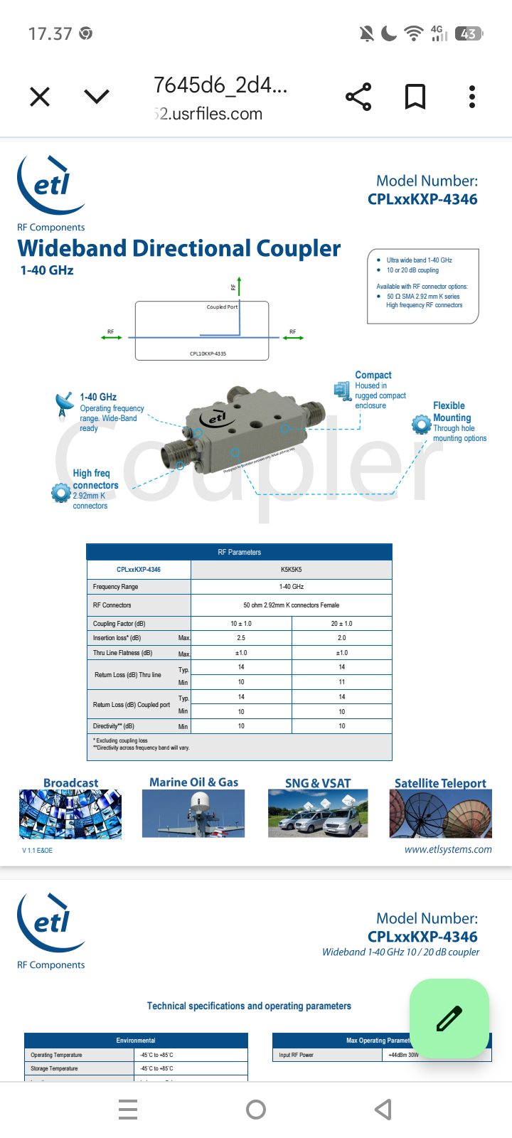 ETL Wideband Coupler Specs, 1-40 GHz